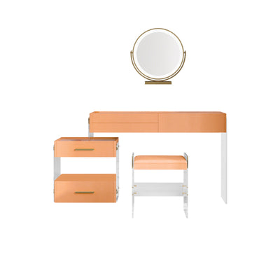ドレッサー/アクリル脚 オレンジ テーブル+収納棚+椅子＋LEDミラーおまけ付き 安心1年間品質保証
